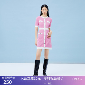 【商场同款】LILY夏新款女装复古时尚拼色修身圆领针织连衣裙