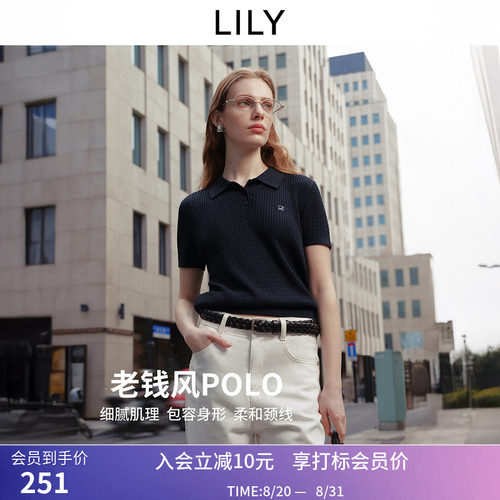LILY2026夏新款含莱赛尔亚麻简约POLO领休闲通勤短袖针织衫女短款