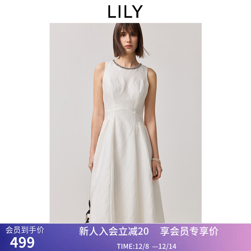 【商场同款】LILY2025春新款女装重工钉珠无袖背心米白色连衣裙