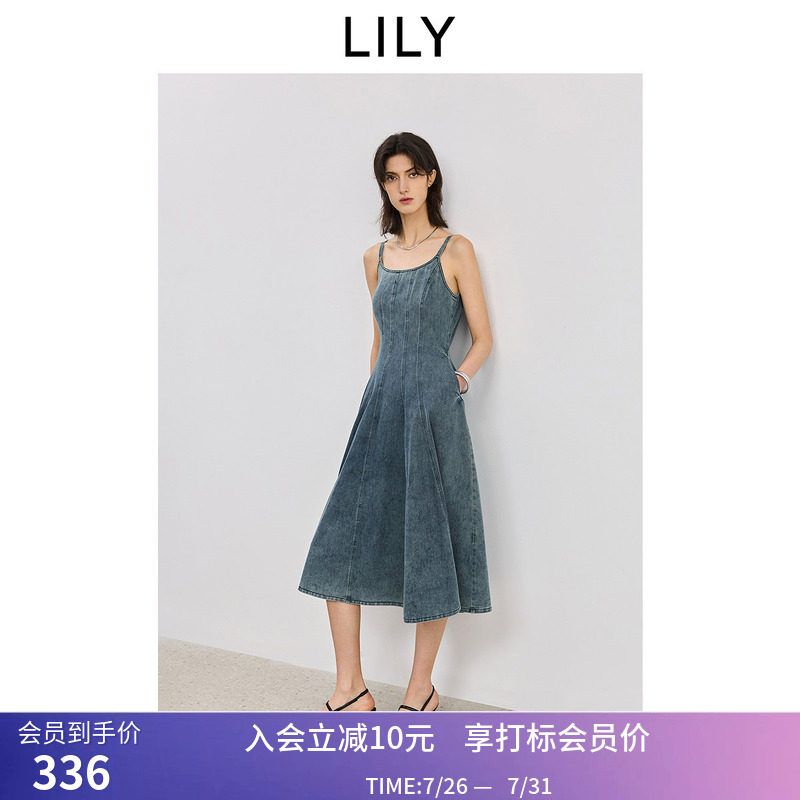 LILY夏新款女装复古宽松休闲收腰百搭可调节吊带裙牛仔连衣裙