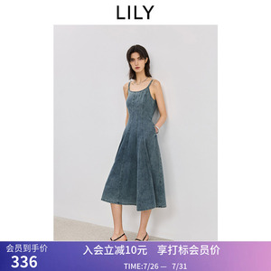 LILY夏新款女装复古宽松休闲收腰百搭可调节吊带裙牛仔连衣裙