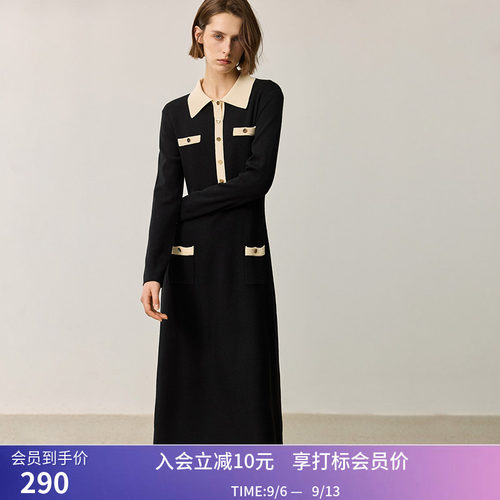 LILY秋新款女装撞色POLO领多口袋修身显瘦长袖连衣裙女小黑裙