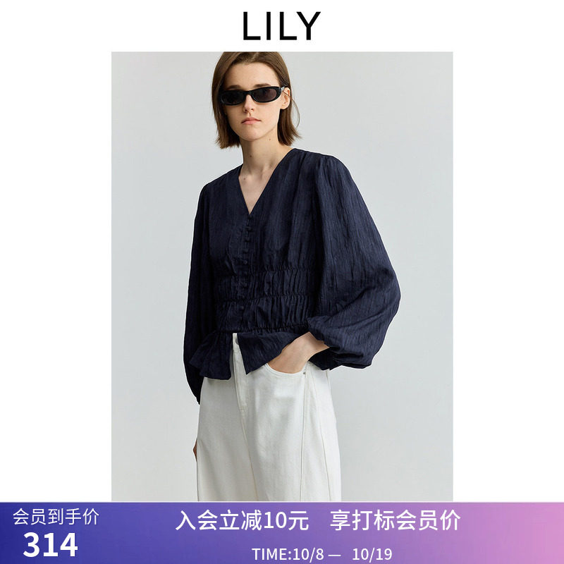 云朵泡泡衫LILY秋新款法式V领收腰休闲气质通勤薄款长袖衬衫