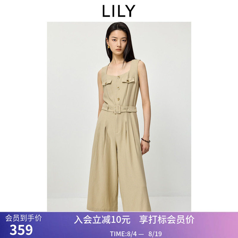 LILY2026夏新款含亚麻简约方领腰带收腰宽松休闲吊带背心连体裤女
