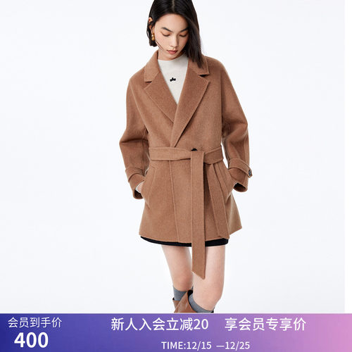 LILY冬新款女装绵羊毛骆驼绒气质通勤腰带毛呢外套大衣小个子