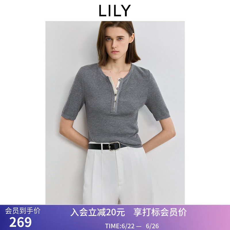 LILY2026夏新款格雷系学院风POLO领修身通勤灰色短袖针织衫短款女