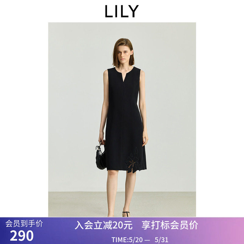 小黑裙LILY秋新款女装醋酸混纺无袖钩花收腰A字裙背心连衣裙
