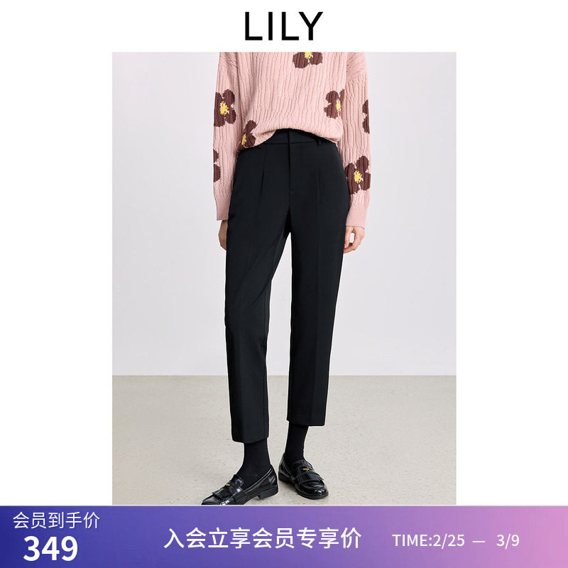 LILY2025冬新款经典磨毛加绒弹力黑色休闲裤通勤百搭直筒裤西裤女