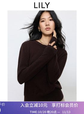 LILY秋新款女装兔绒羊毛混纺手工编织圆领套头通勤针织衫毛衣