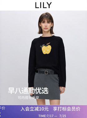 LILY2026春新款羊毛混纺撞色平安果提花刺绣通勤黑色针织衫毛衣女