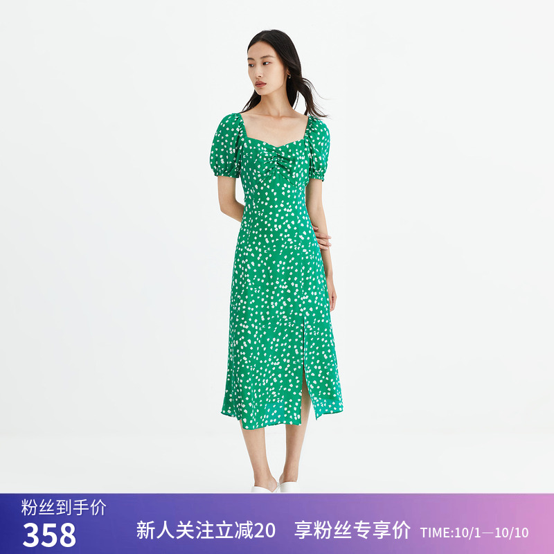 【商场同款】LILY秋新款女装含真丝复古印花泡泡袖高腰连衣裙
