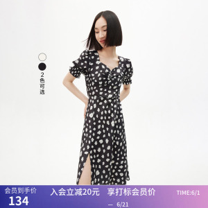 LILY夏新款女装浪漫印花法式优雅方领慵懒泡泡袖高腰连衣裙女