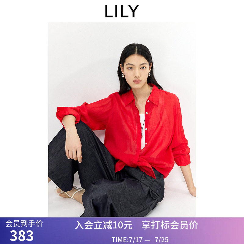 100%苎麻LILY2026夏新款女装翻领宽松休闲通勤大红色薄款衬衫外套