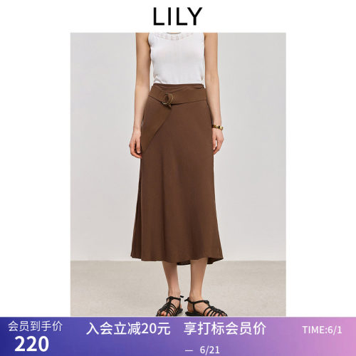 【商场同款】LILY夏新款含亚麻复古斜裁开叉休闲棕色半身裙女