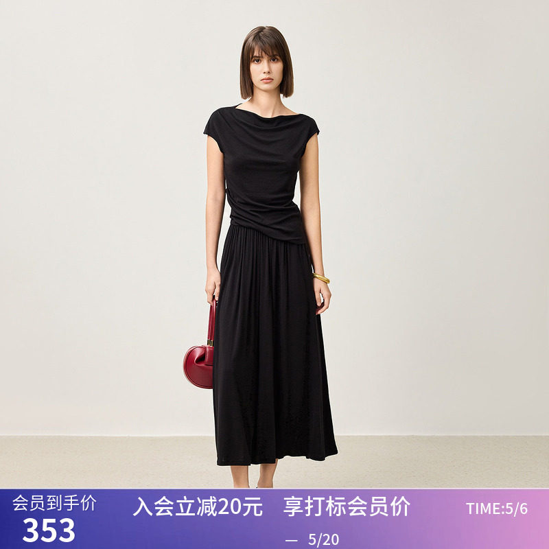 【LILY时光小黑裙】商场同款春莱赛尔绵羊毛荡领收腰连衣裙女