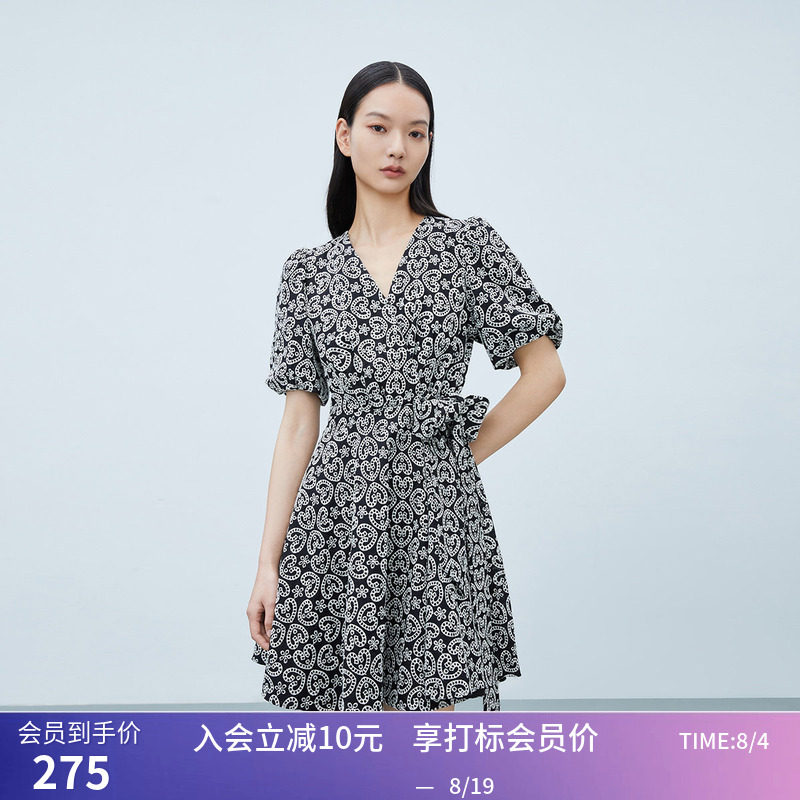 【商场同款】LILY夏新款女装舒适全棉洋气绣花泡泡袖连衣裙女