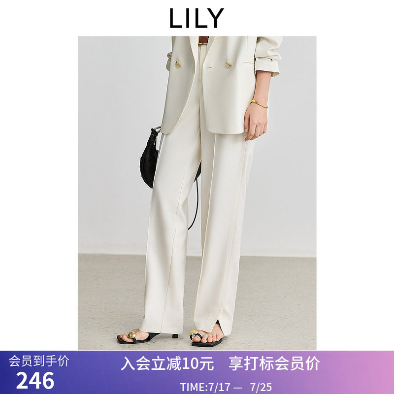LILY春新款女装设计感开叉休闲百搭职业通勤直筒裤米色西装裤