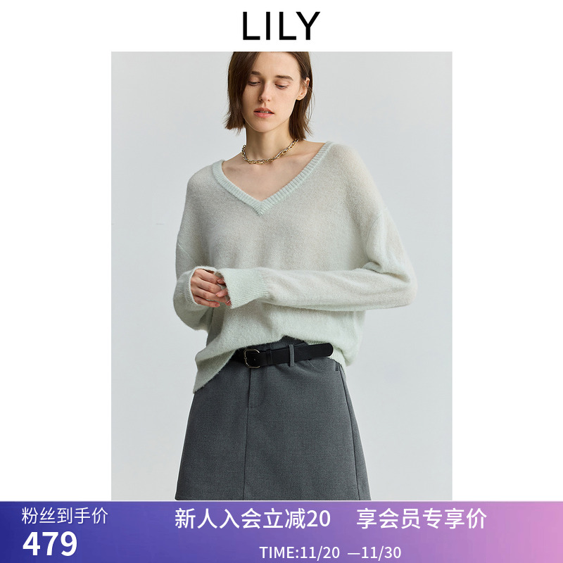 【商场同款】LILY2025秋新款女装含羊毛羊驼毛薄荷曼波针织衫罩衫