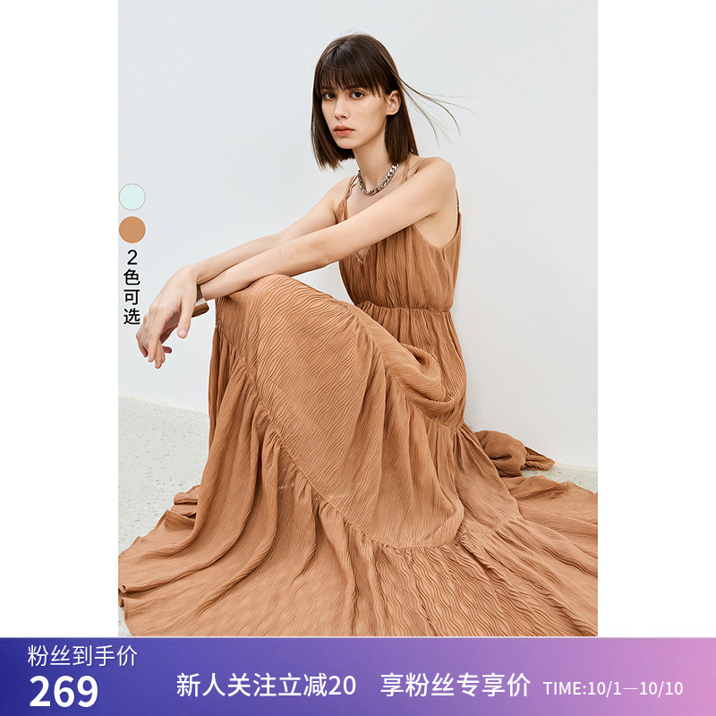 【商场同款】LILY夏新款女装度假感时尚百搭V领设计感连衣裙