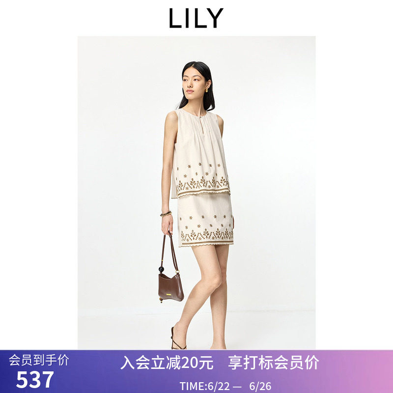 LILY2026夏新款莱赛尔棉混纺重工镂空绣花假两件无袖圆领连衣裙女
