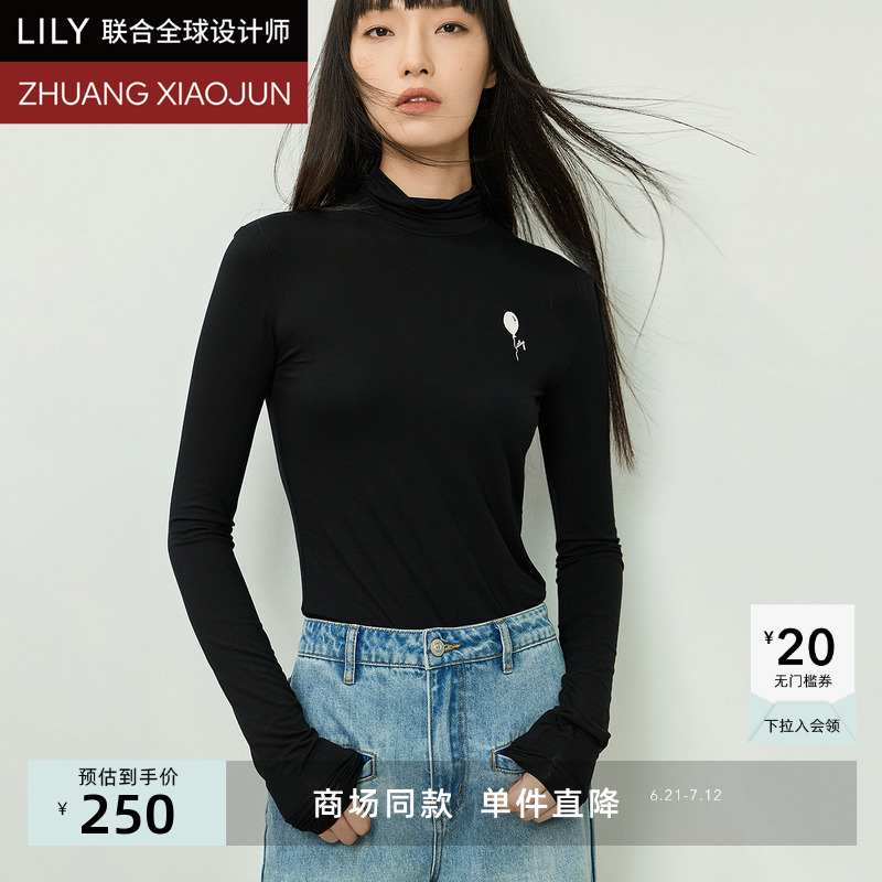 【LILY X 庄晓君】商场同款2024秋新款气球印花修身高领长袖T恤女