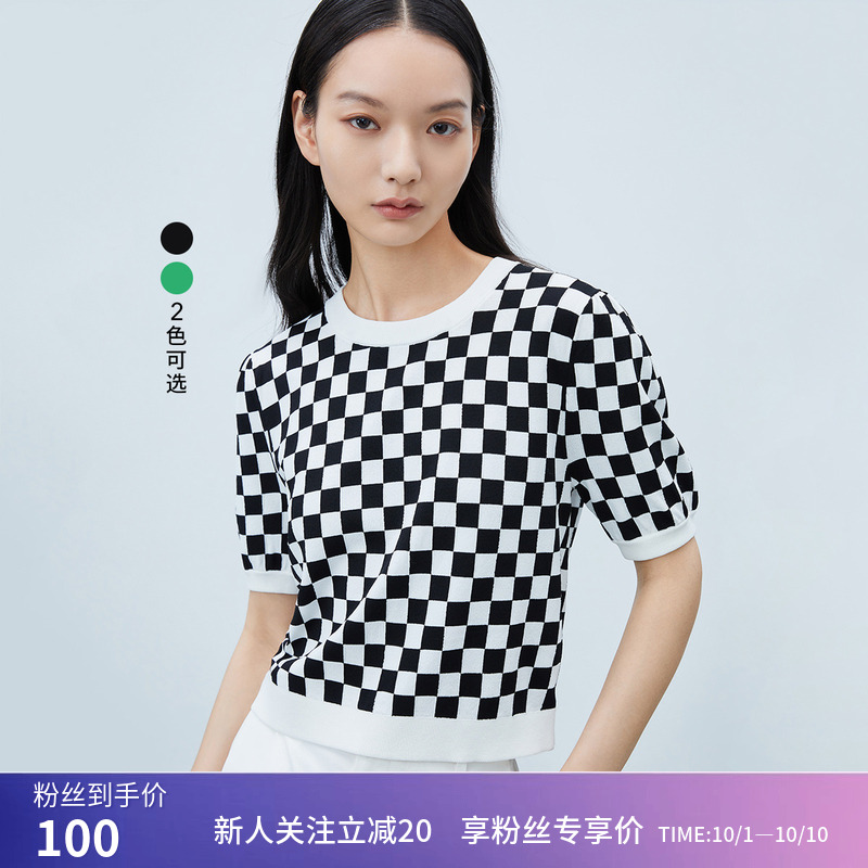 【专柜甄选】LILY秋新款女装复古棋盘格纹短袖毛针织衫小上衣