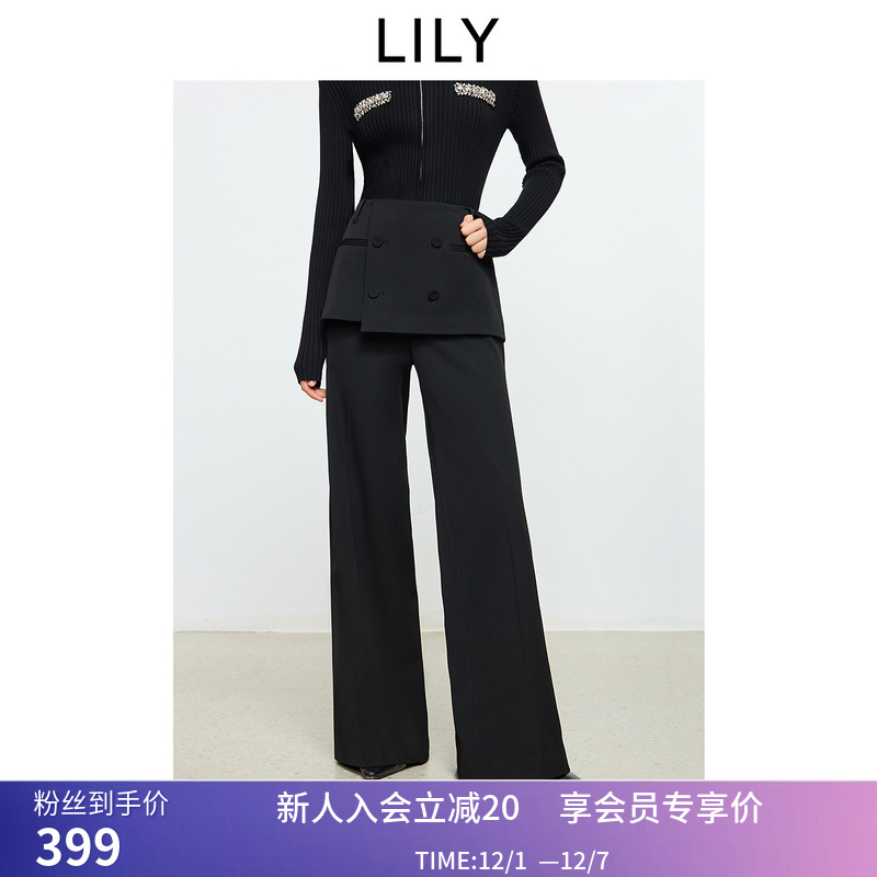 LILY2025冬新款设计感假两件休闲通勤黑色直筒双排扣裙裤阔腿裤女