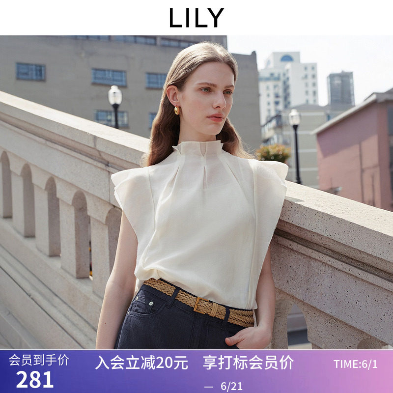 LILY2026夏新款女装醋酸混纺法式浪漫荷叶边小飞袖通勤白色套头衫
