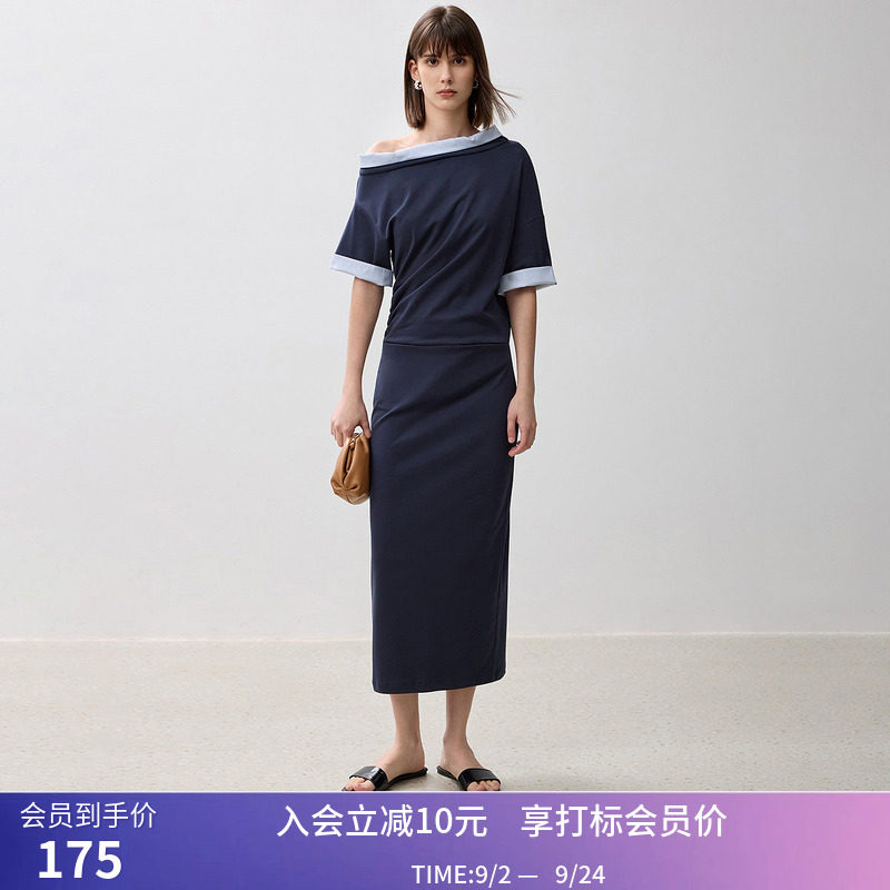 LILY夏新款时尚撞色袖口设计感褶皱收腰显瘦略宽松直筒连衣裙