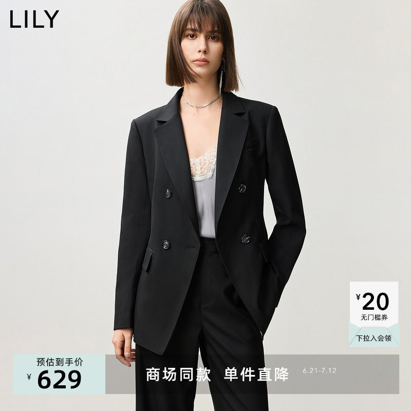【商场同款】LILY2025春女装经典收腰双排扣职业通勤黑色西装外套