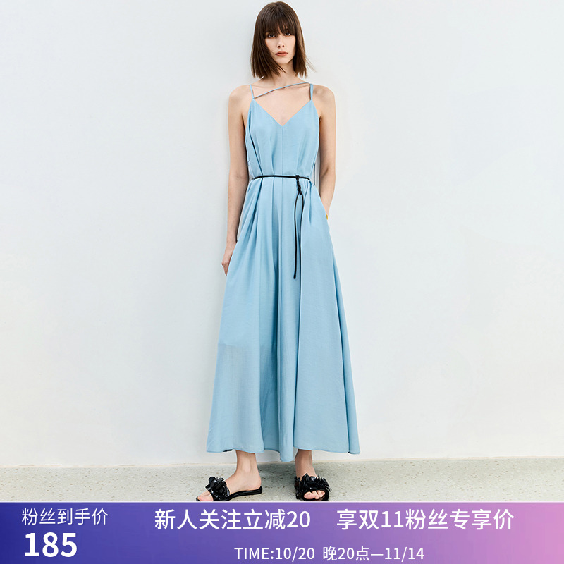 【商场同款】LILY夏新款女装清新百搭简约V领设计款连衣裙女