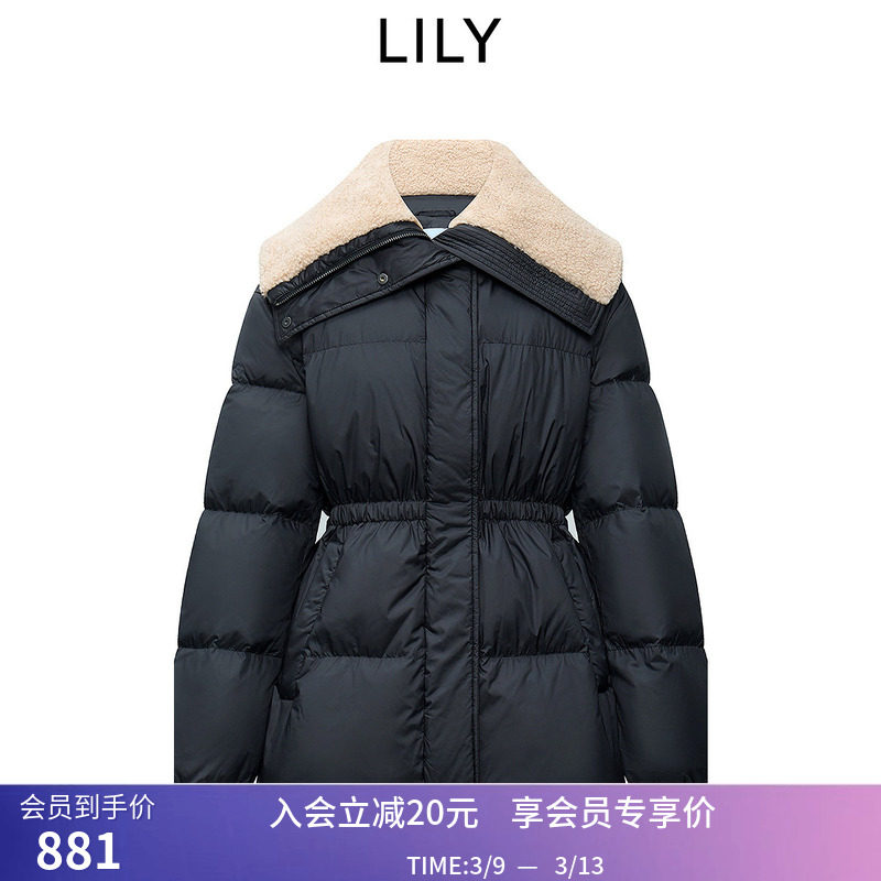 LILY冬新款女装复古撞色大毛领收腰90鸭绒通勤黑色羽绒服外套