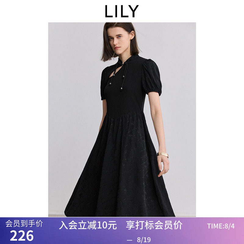 【小黑裙】商场同款LILY夏女装复古新中式短袖宽松休闲黑色连衣裙