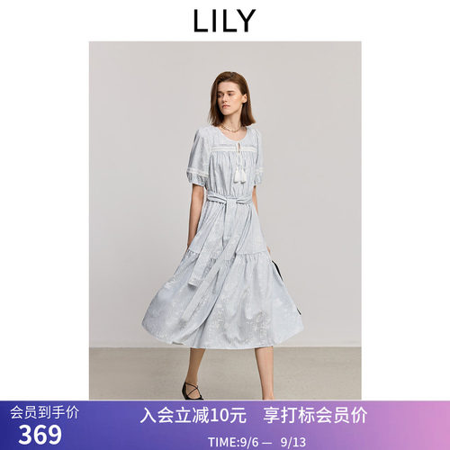 LILY夏新款法式浪漫蕾丝绣花条纹泡泡袖收腰蓝色A字连衣裙女