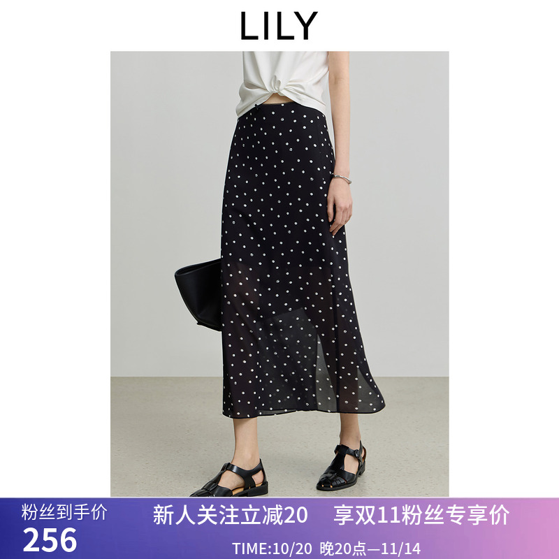LILY2025夏新款复古法式网球波点休闲通勤黑色直筒裙半身裙女长裙