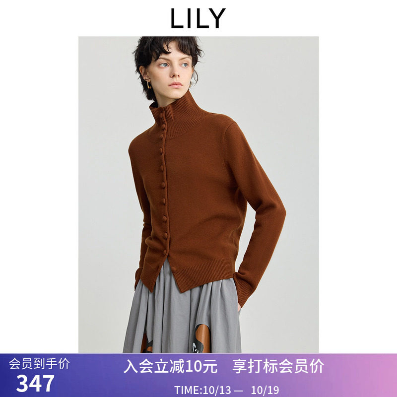 LILY100%美丽诺羊毛冬新款女装高领翻领两穿通勤针织开衫外套