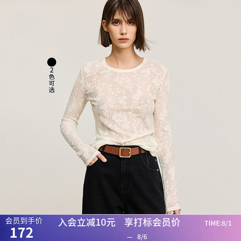 【商场同款】LILY冬新款女装绵羊毛混纺蕾丝提花T恤打底衫女