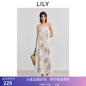 【商场同款】LILY夏新款女装莱赛尔亚麻印花一字领吊带连衣裙