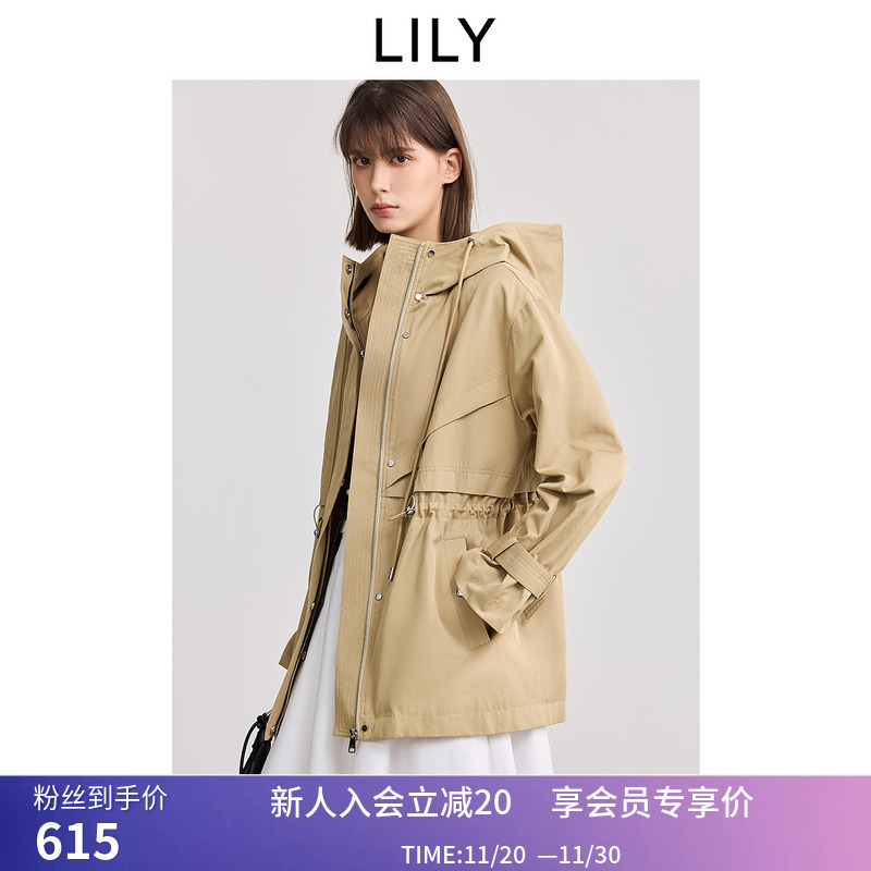 【商场同款】LILY2025春新款女装宽松休闲收腰一手长连帽风衣外套
