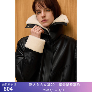 LILY冬新款女装翻领防风PU飞行员夹克鸭绒羽绒服外套女短款