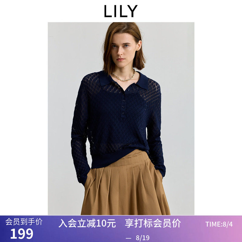 【商场同款】LILY秋新款女装复古POLO领镂空藏青色针织衫毛衣