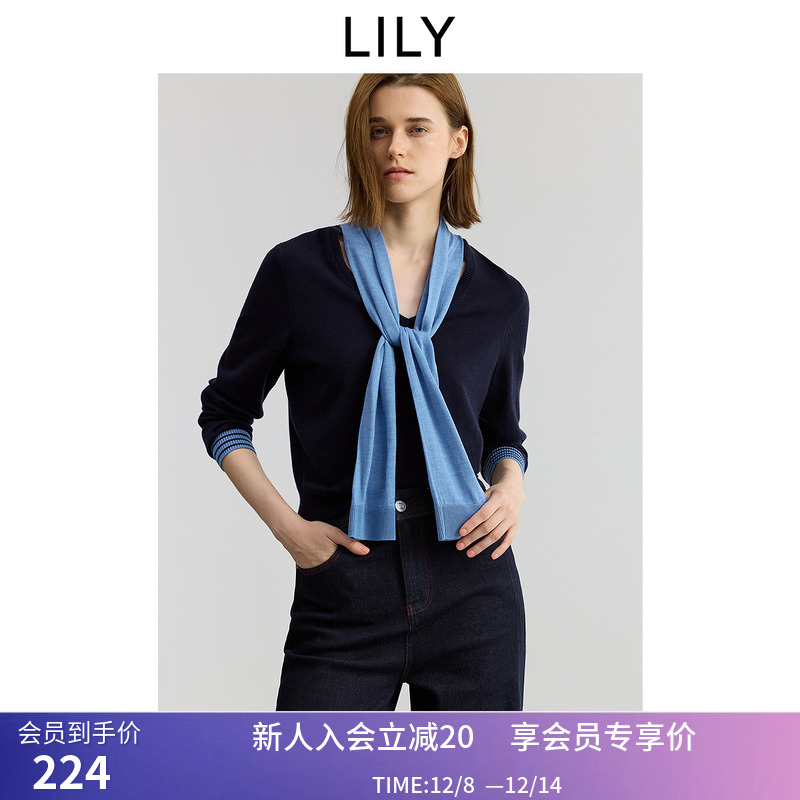 【商场同款】LILY2025秋新款羊毛混纺围巾圆领藏青色针织衫女毛衣