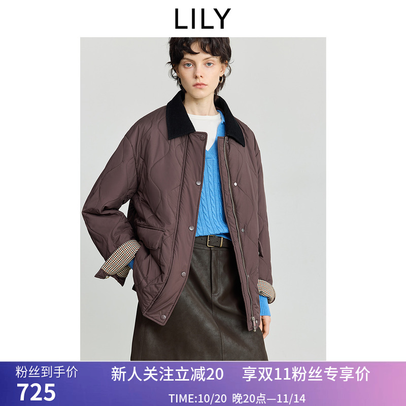 LILY2025冬新款复古巴恩风工装撞色灯芯绒宽松休闲通勤棉服外套女