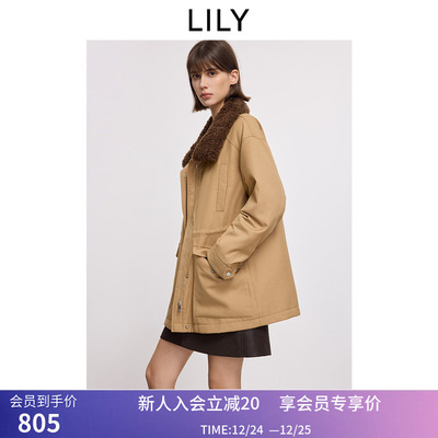 LILY2025冬新款女装含羊毛翻领复古工装90鸭绒通勤派克羽绒服外套