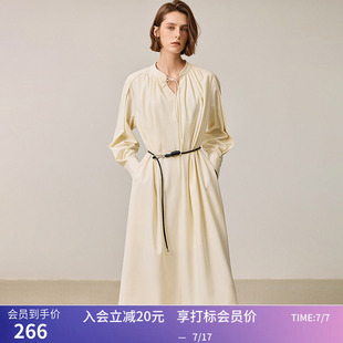 LILY冬新款女装优雅温柔褶皱V领系带领收腰显瘦A字连衣裙女款