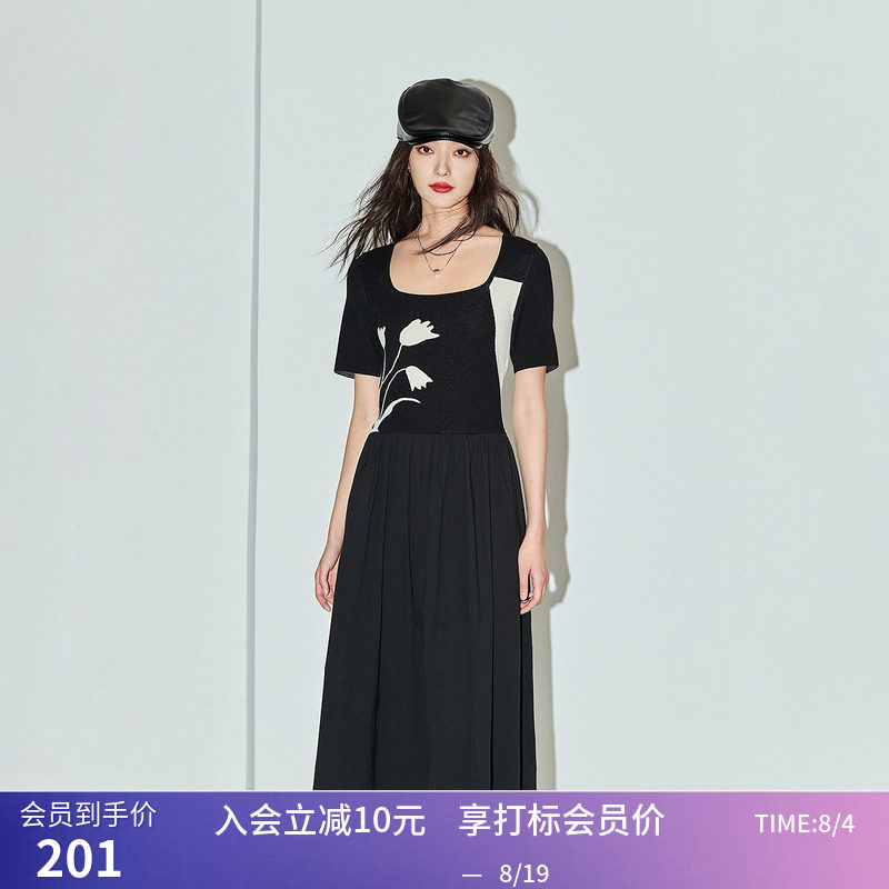LILY夏新款女装浪漫复古气质方领针织拼接高腰连衣裙小黑裙女