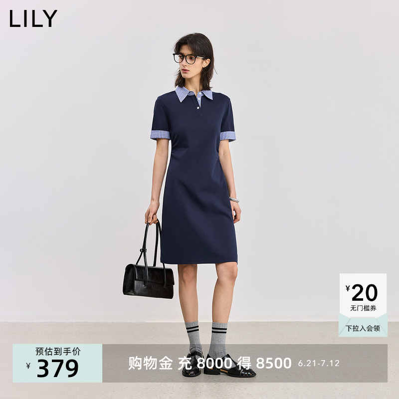 【航海系】LILY2025夏新款学院风撞色格纹POLO领休闲收腰连衣裙