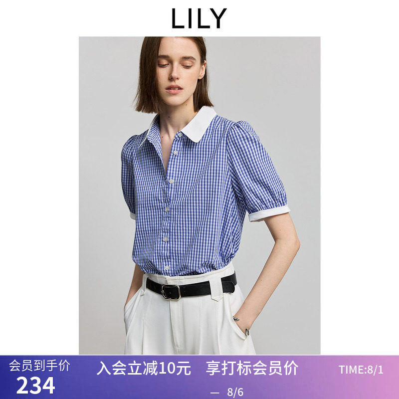 LILY夏新款简约气质蓝色格纹宽松休闲百搭通勤短袖衬衫外套女