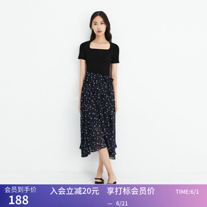 秒杀【商场同款】LILY夏新款女装别致方领拼接印花优雅高腰连衣裙