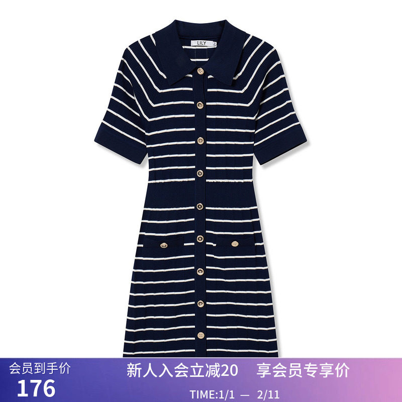【商场同款】LILY夏新款女装复古条纹别致翻领显瘦针织连衣裙,女装/女士精品,连衣裙,淘宝优惠券,粉丝福利购,淘宝优惠卷